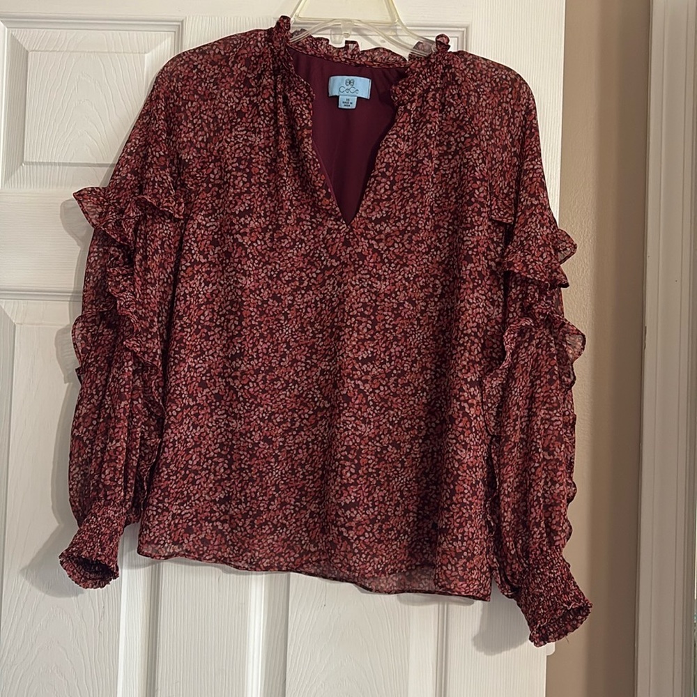 Cece Red Floral Sheer Blouse